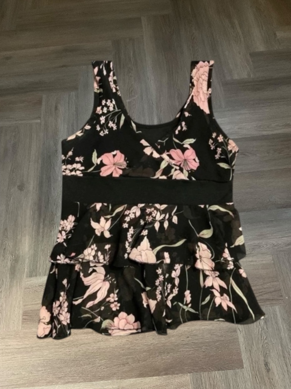 Vintage Ruffle Tank Top Womens‎ XS Black Pink Floral Sleeveless Y2K 90s Coquette